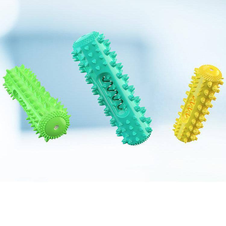 Jouet de dentition vocal pour chiens avec picots nettoyants en plastique TPR, disponible en bleu, vert et jaune.