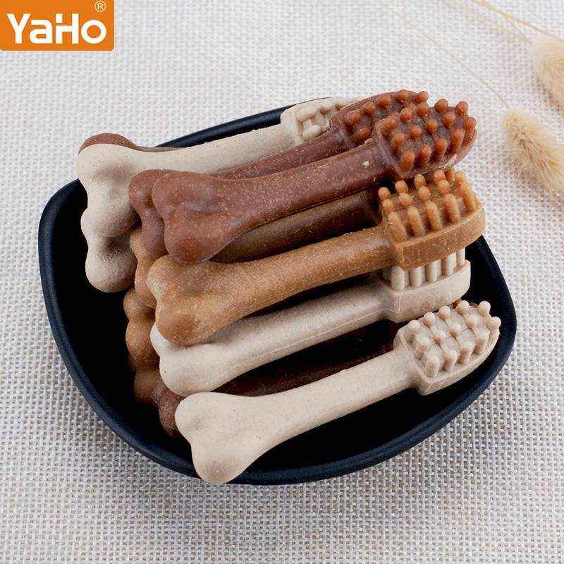 Yaho dog dental sticks in bowl; pet snacks for healthy digestion and oral care.