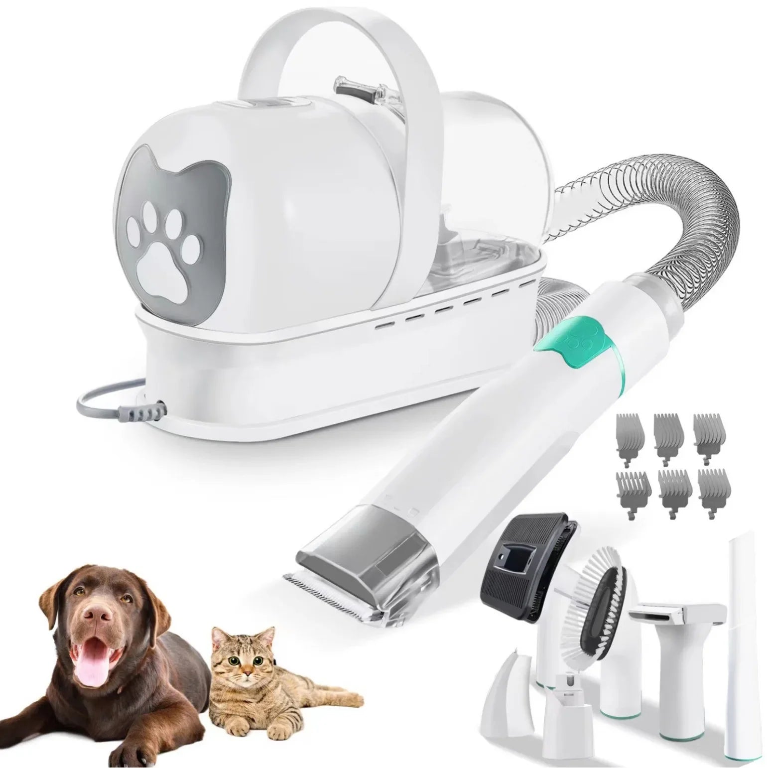 7-in-1 multifunction pet grooming machine with attachments for shaving, nail trimming, and grooming.