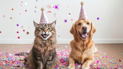 Un chat et un chien avec des chapeaux de fête et confitis