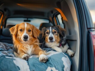 2 chiens dans une voiture avec un coussin