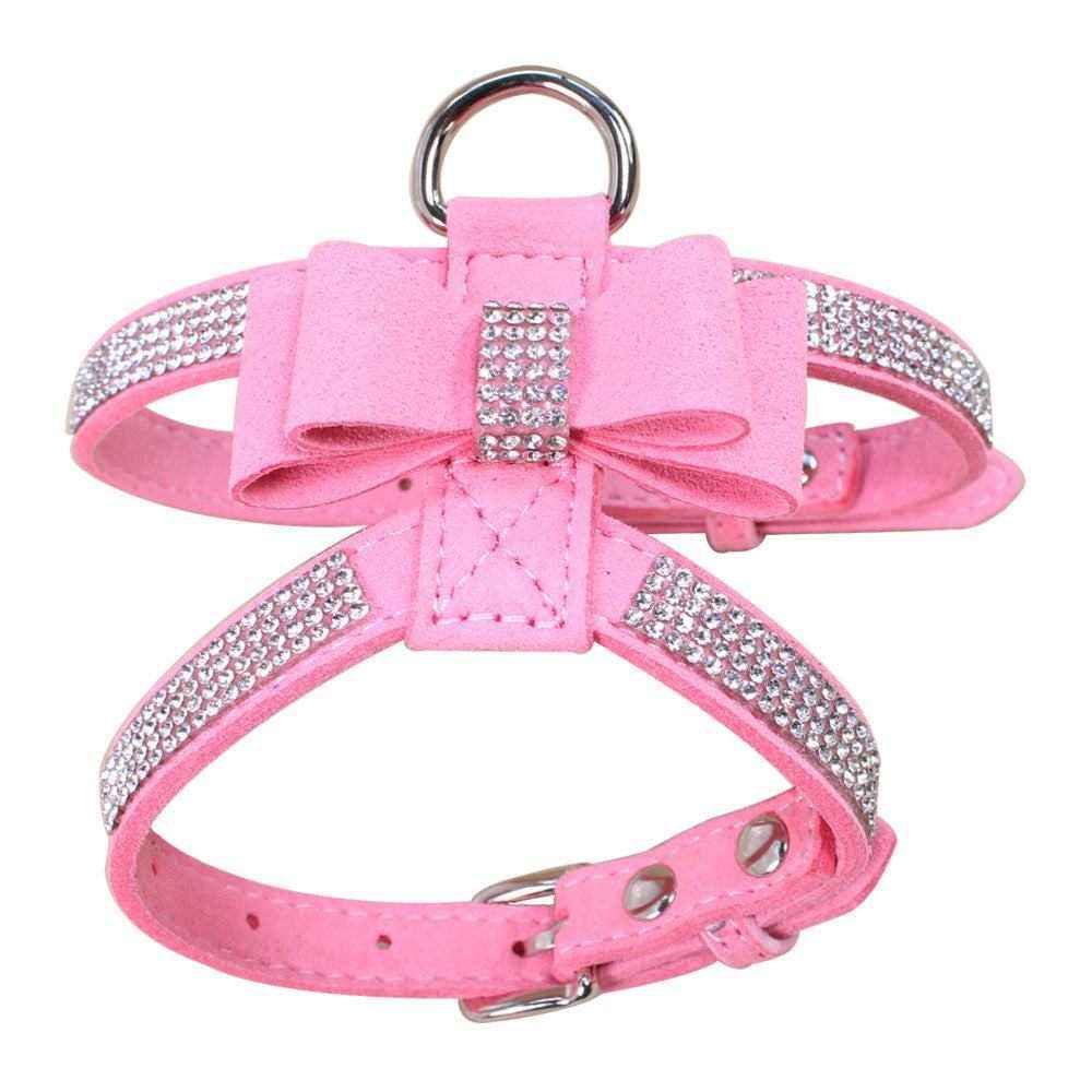 Harnais pour chien en microfibre suédée rose avec nœud décoratif et strass scintillants pour un style élégant et confortable
