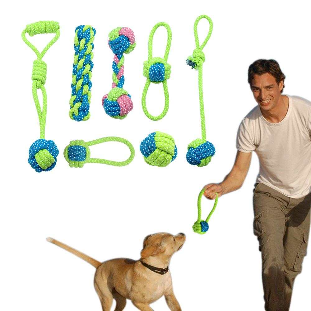 Durable rope chew toy set for puppies and dogs, ideal for dental health and interactive play, includes colorful designs.
