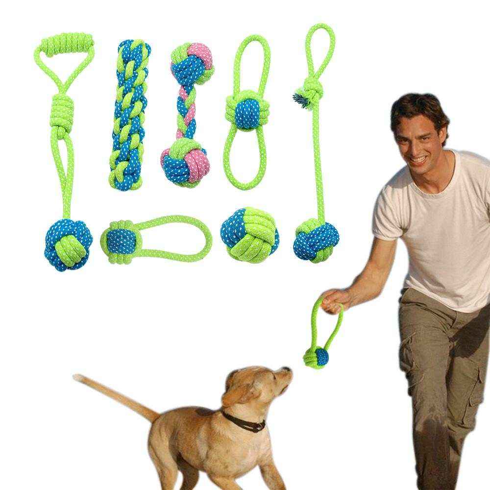Durable rope chew toy set for puppies and dogs, ideal for dental health and interactive play, includes colorful designs.