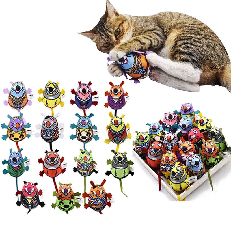 Interactive cat toy shaped like a mouse with a long tail, featuring catnip and a bell, available in assorted vibrant patterns.