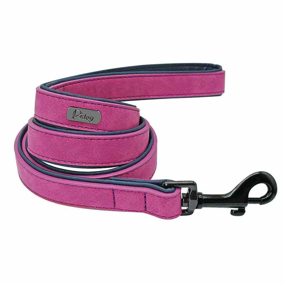 laisse pour chien en cuir rose avec attache noire robuste