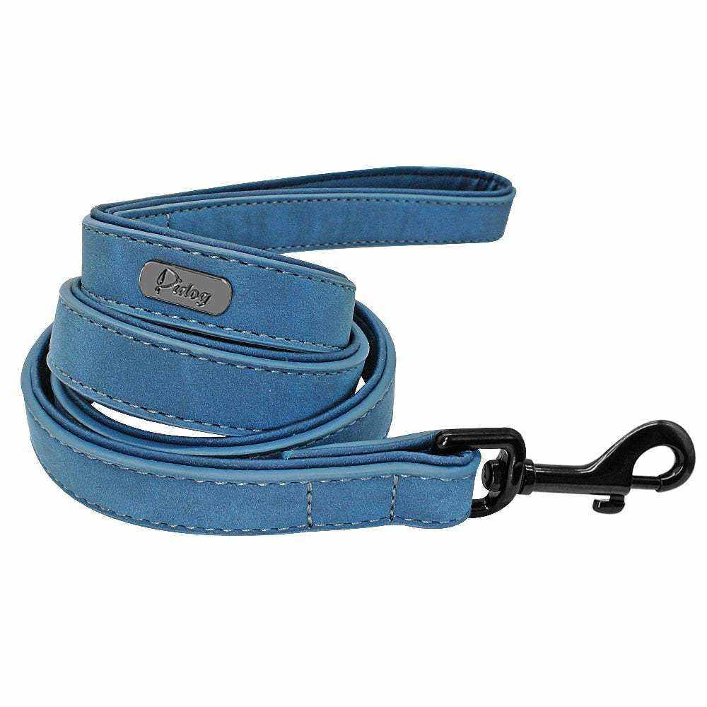 collier en cuir bleu personnalisé pour chiens avec plaque en acier inoxydable et anneau en D robuste
