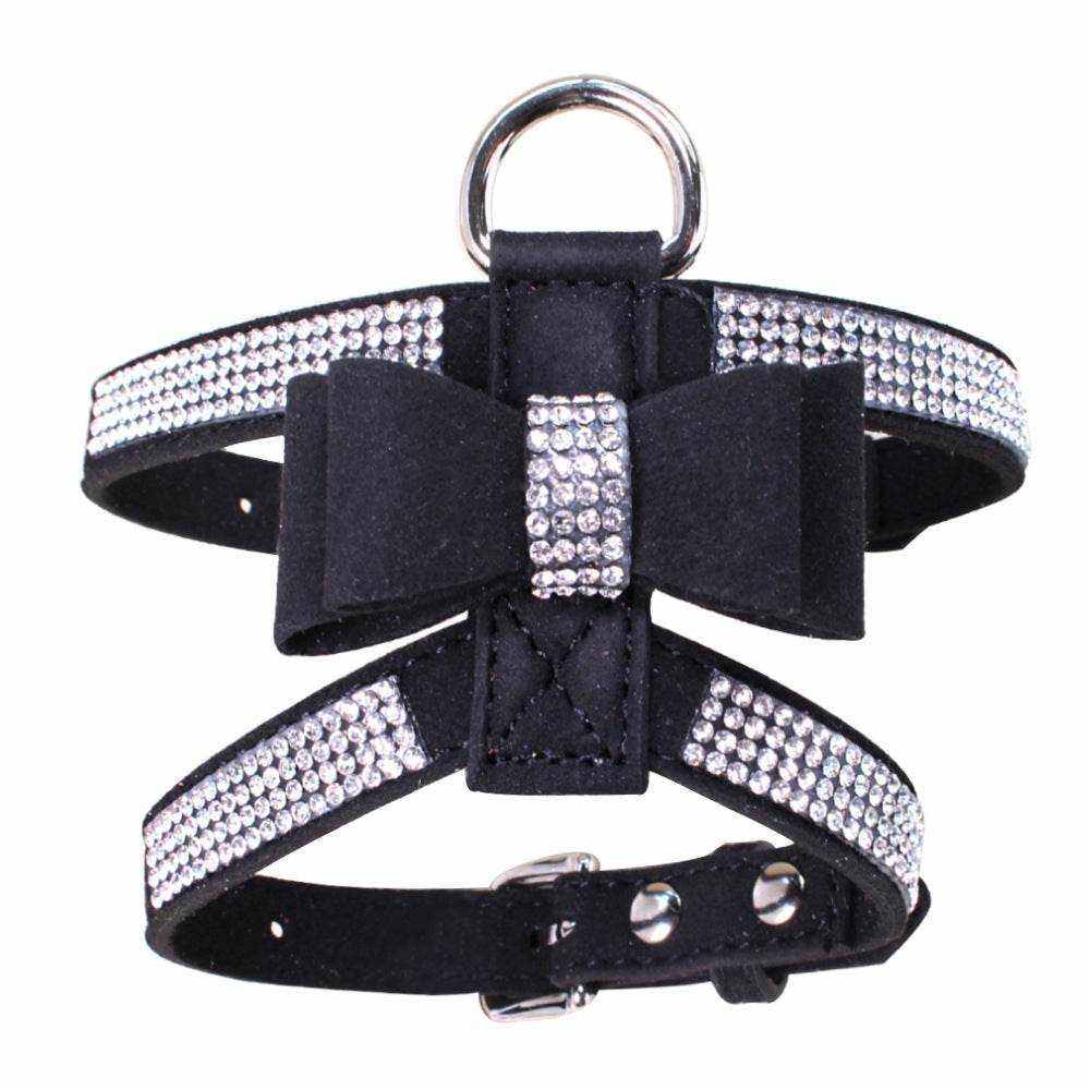 Chic microfiber dog harness with bow and rhinestones, elegant style.