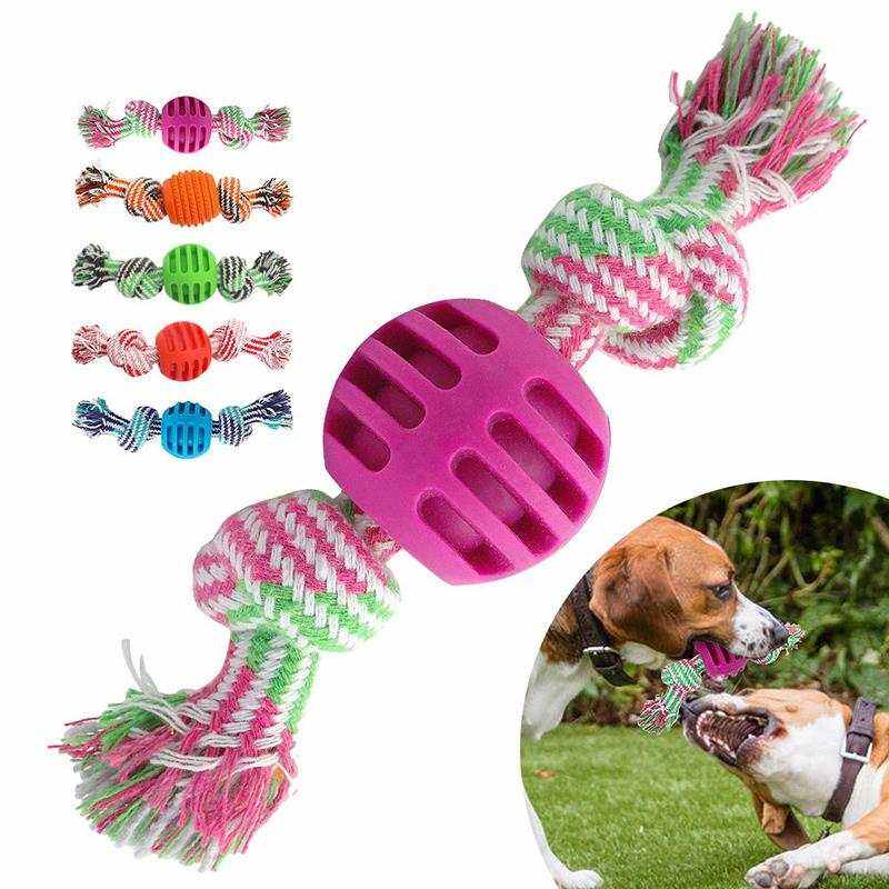 Jouet balle et corde résistante pour chiens en rose, idéal pour le jeu interactif et la dentition.