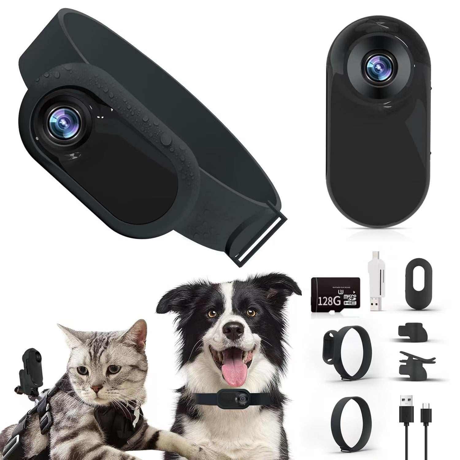 Mini caméra HD magnétique avec accessoires, surveillance animale et enregistrement sportif, incluant colliers pour chien et chat, mémoire 128Go et câble USB.