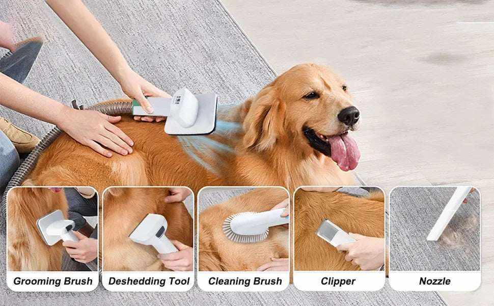 Machine de toilettage multifonction 7 en 1 pour chiens, aspiration intégrée, brossage, épilation, coupe et nettoyage du pelage.
