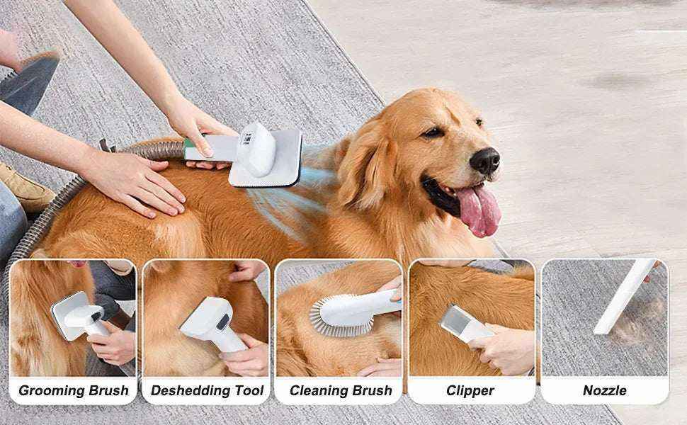 Machine de toilettage multifonction 7 en 1 pour chiens, aspiration intégrée, brossage, épilation, coupe et nettoyage du pelage.