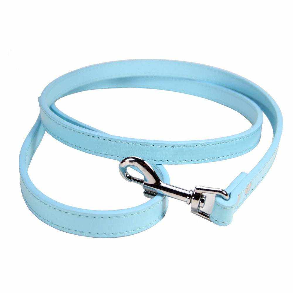 laisse élégante en cuir PU bleu clair pour chiens et chats avec mousqueton métallique robuste