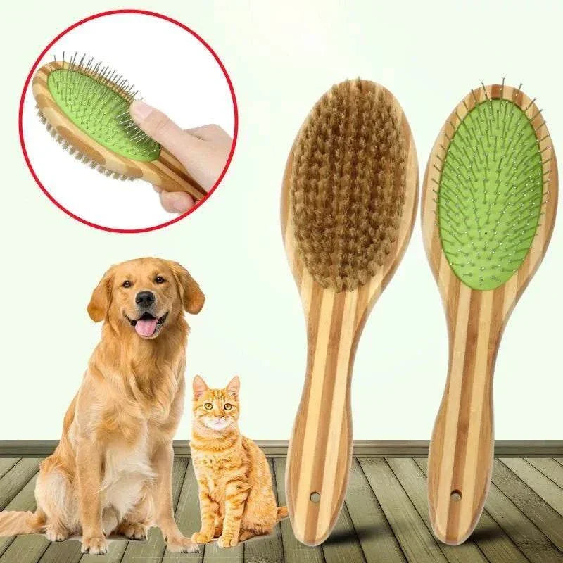 Brosse en poils de sanglier double face en bambou pour chien et chat, idéale pour le toilettage et le massage, avec des poils en métal et poils de sanglier.