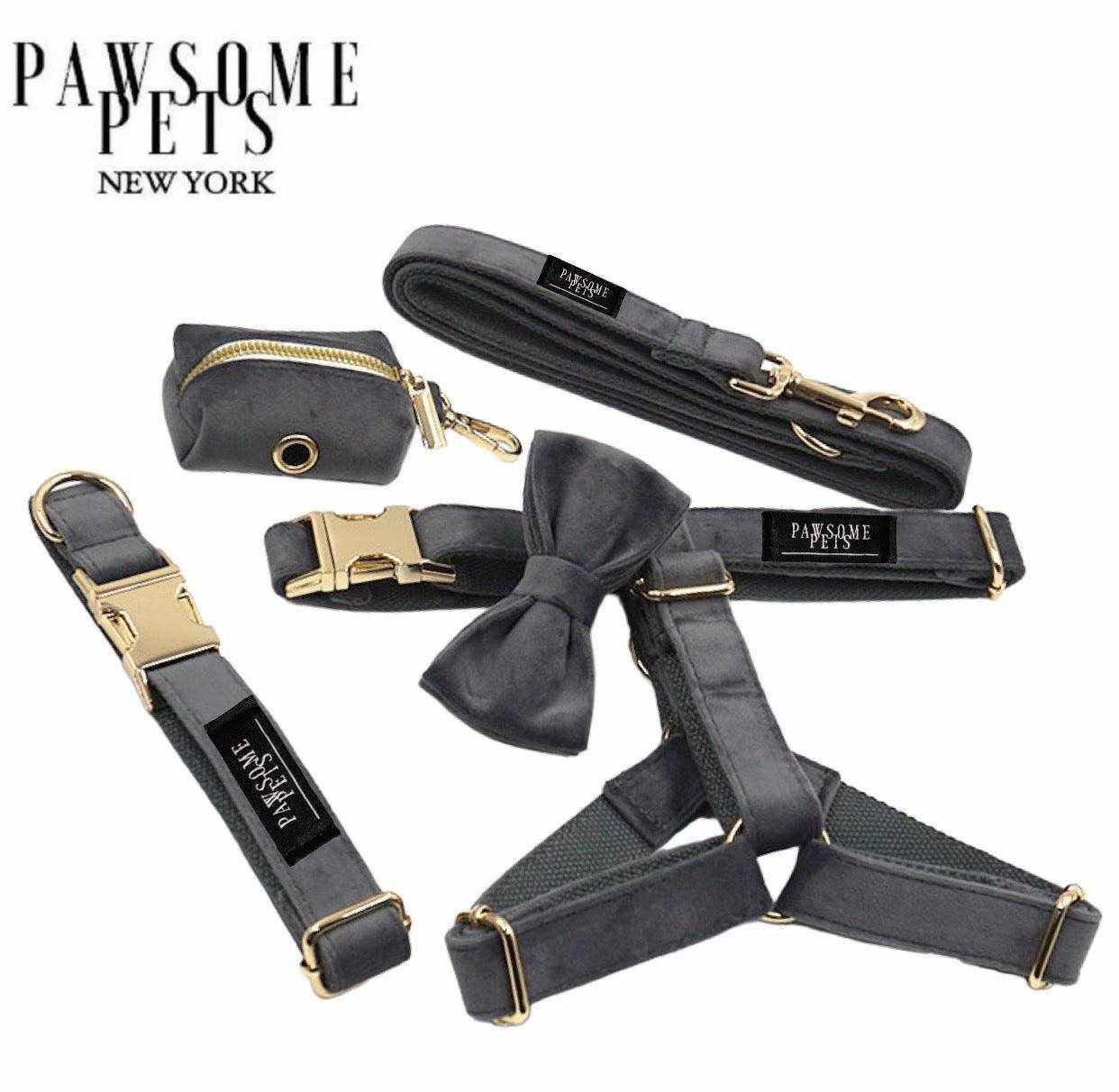 ensemble bundle Dark Grey pour animaux avec harnais, collier, laisse, nœud papillon et distributeur de sacs en polyester robuste et élégant