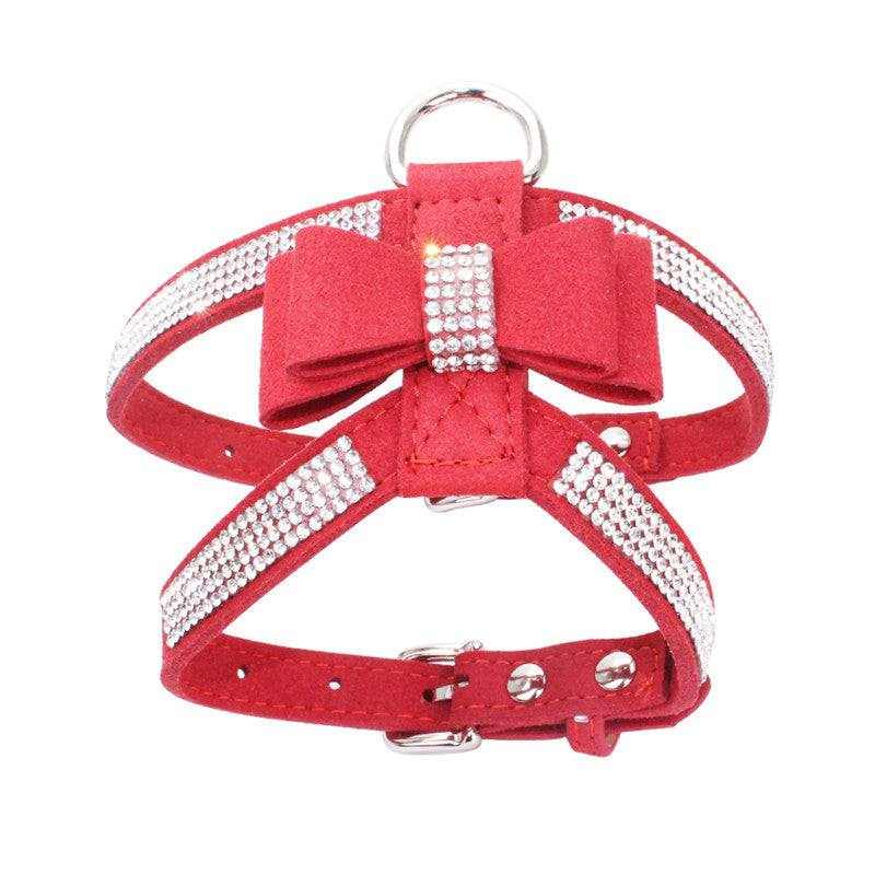 harnais rouge en microfibre suédée avec nœud et strass pour chien élégant confortable et sécurisé