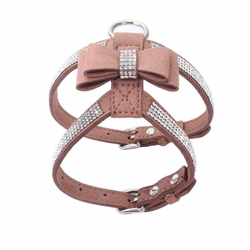 harnais pour chien en microfibre suédée marron avec nœud décoratif et strass élégants