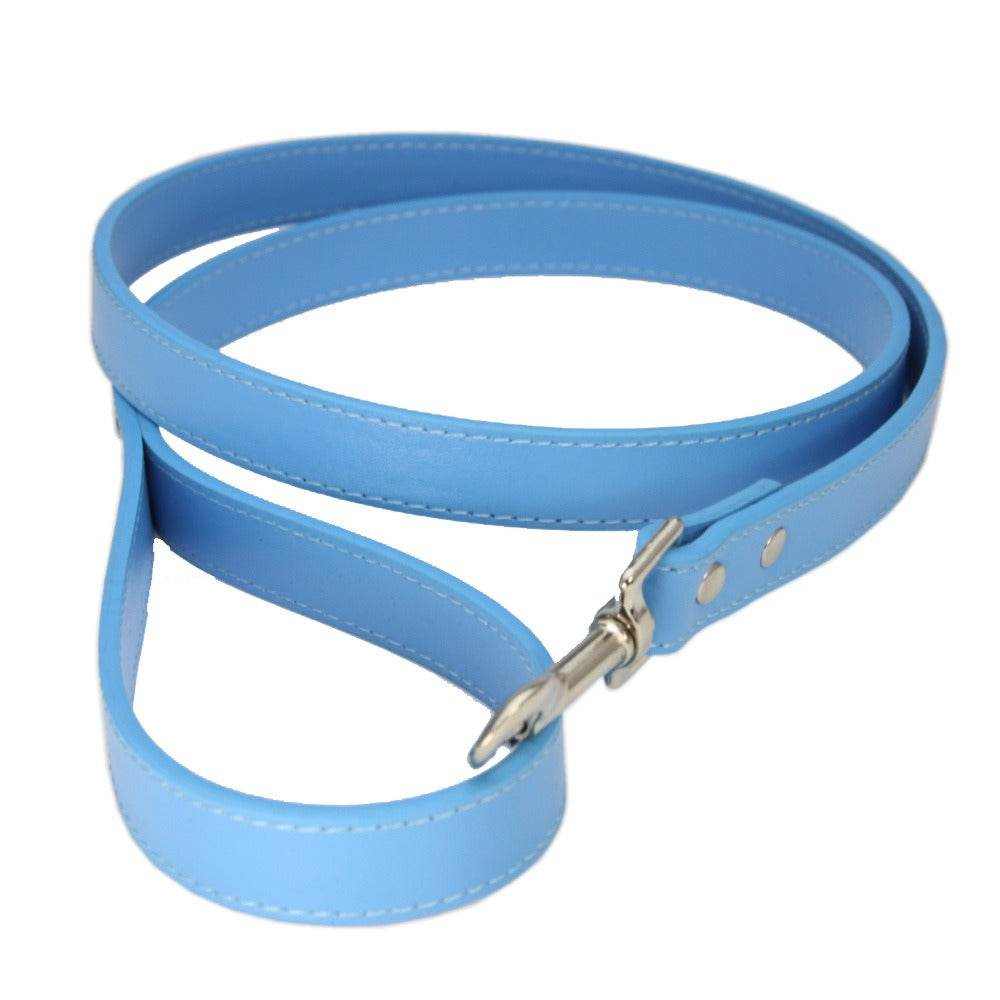 Laisse en cuir PU bleue pour chiens et chats, robuste et élégante pour promenades sécurisées.