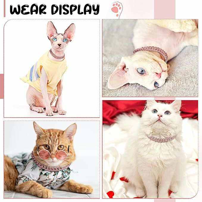 Chats stylés portant un collier bijoux cubain en alliage de zinc rose gold légère et élégante, accessoire hip-hop pour animaux
