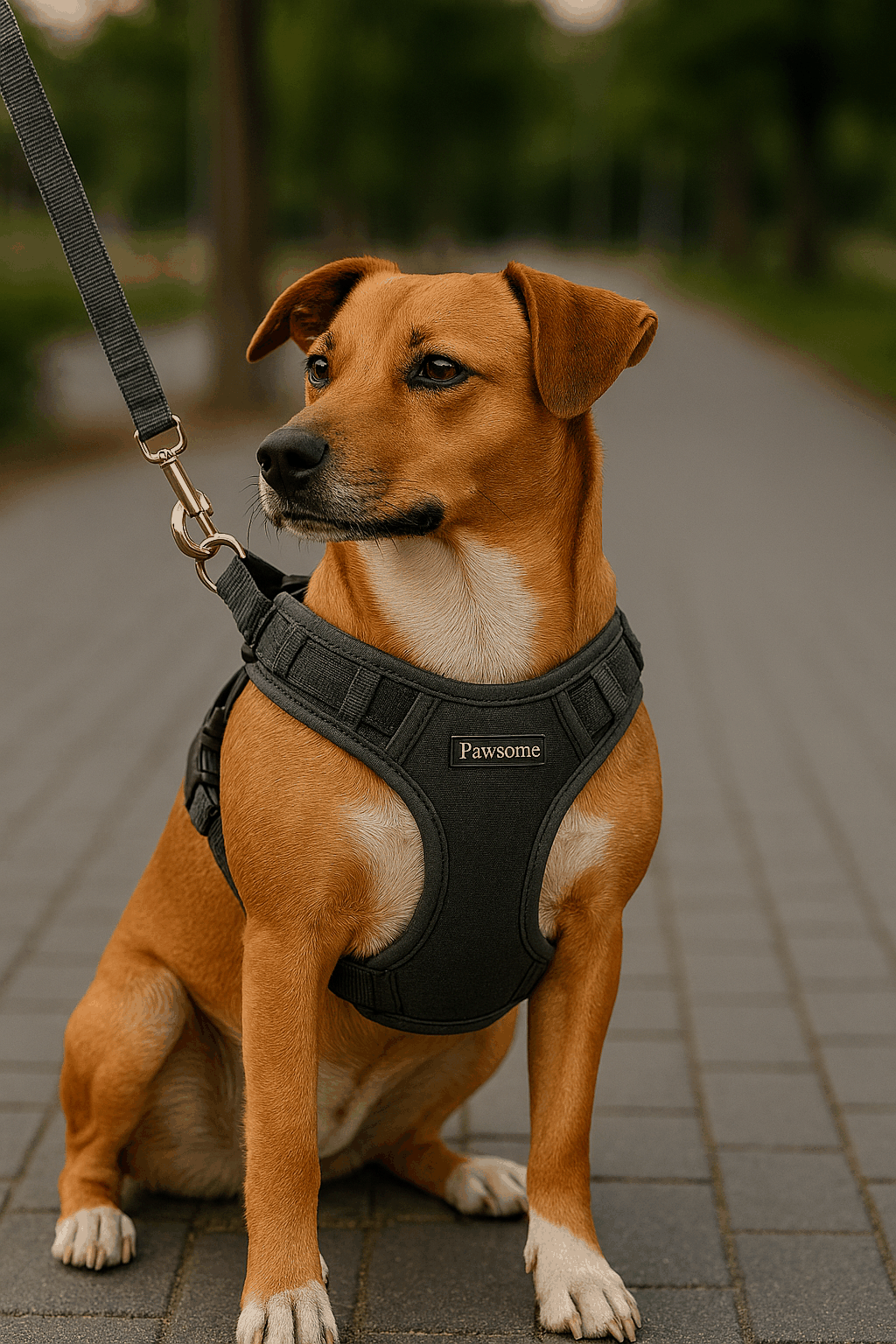 Le chien porte fièrement le harnais et la laisse réglable.