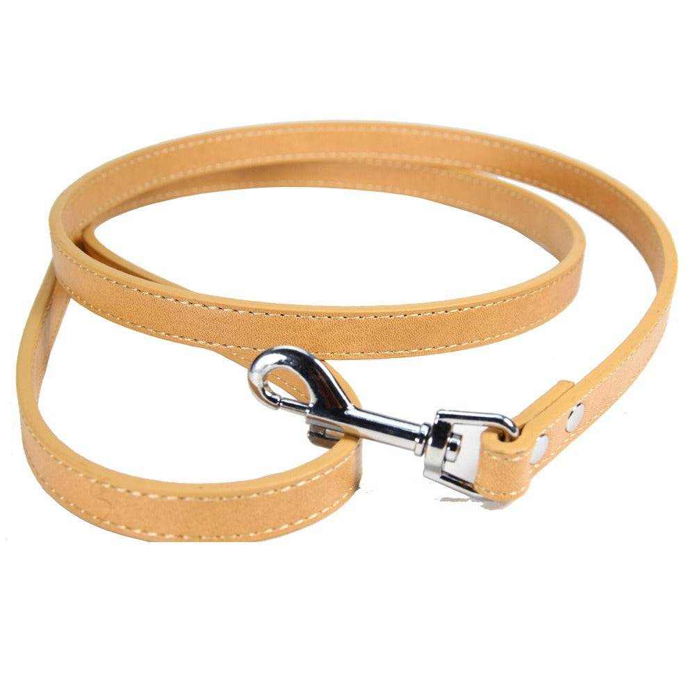 Laisse pour chiens et chats en cuir PU beige avec mousqueton métallique robuste, design élégant et durable pour promenades sécurisées