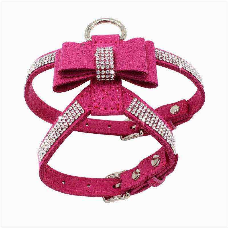 harnais pour chien en microfibre suédée rose vif avec nœud décoratif et strass élégants