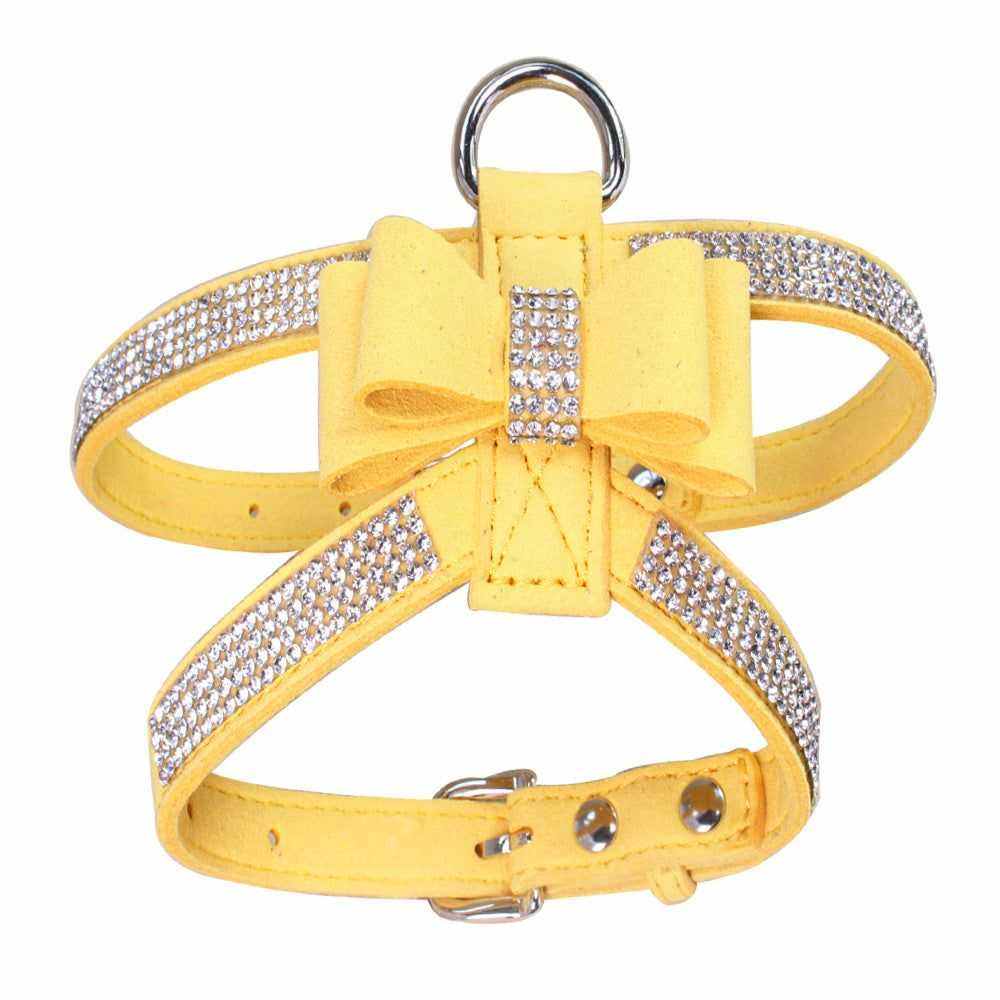 harnais pour chien en microfibre suédée jaune avec nœud décoratif et strass élégants