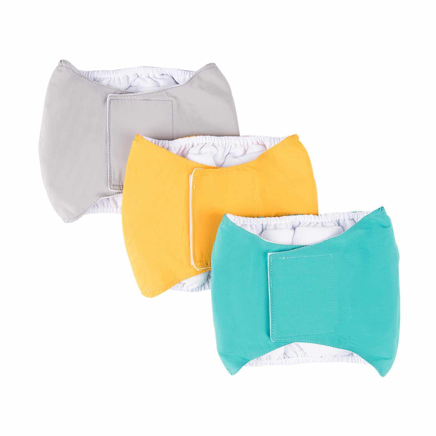 Three colorful physiological belts for dogs in gray, yellow, and teal, designed for comfort and cleanliness.