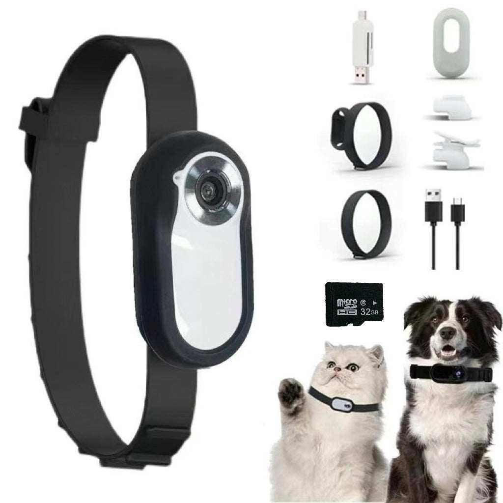 Mini caméra HD magnétique pour surveillance animale avec accessoires et collier pour chien et chat.