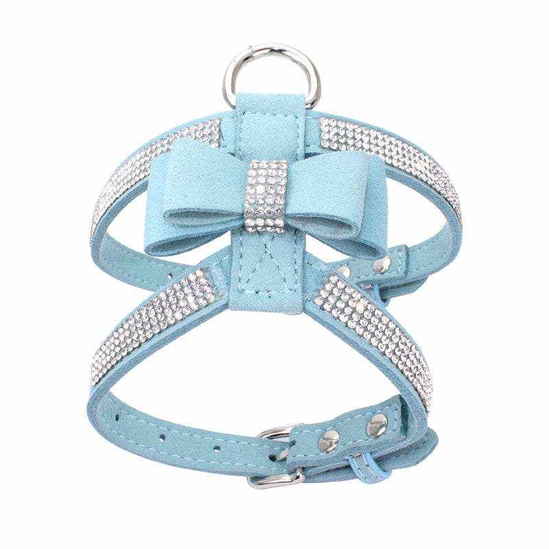 harnais en microfibre suédée bleu clair avec nœud et strass pour chien élégant et confortable