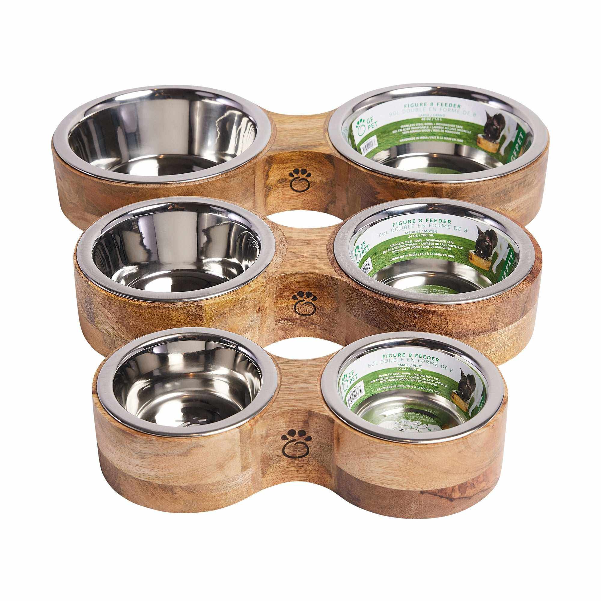 gamelle double en bois de manguier avec bols en acier inoxydable conçue à la main pour chiens et chats, design figure-8 élégant et durable