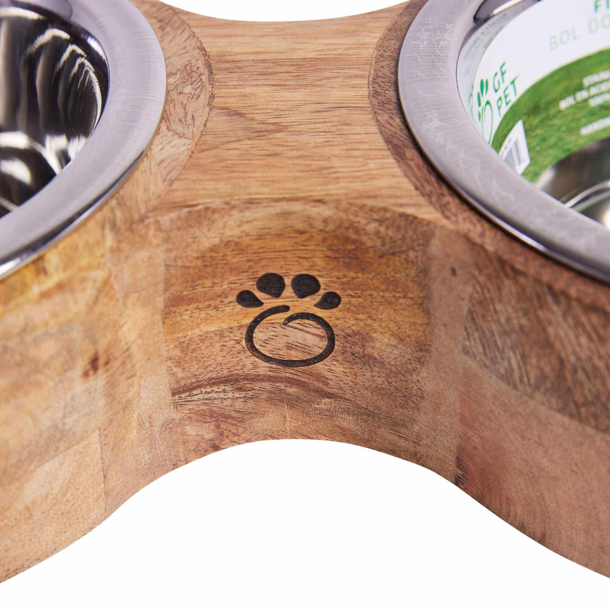 gamelle double pour animaux en bois de manguier avec bols inox amovibles finition artisanale design figure-8 GF PET