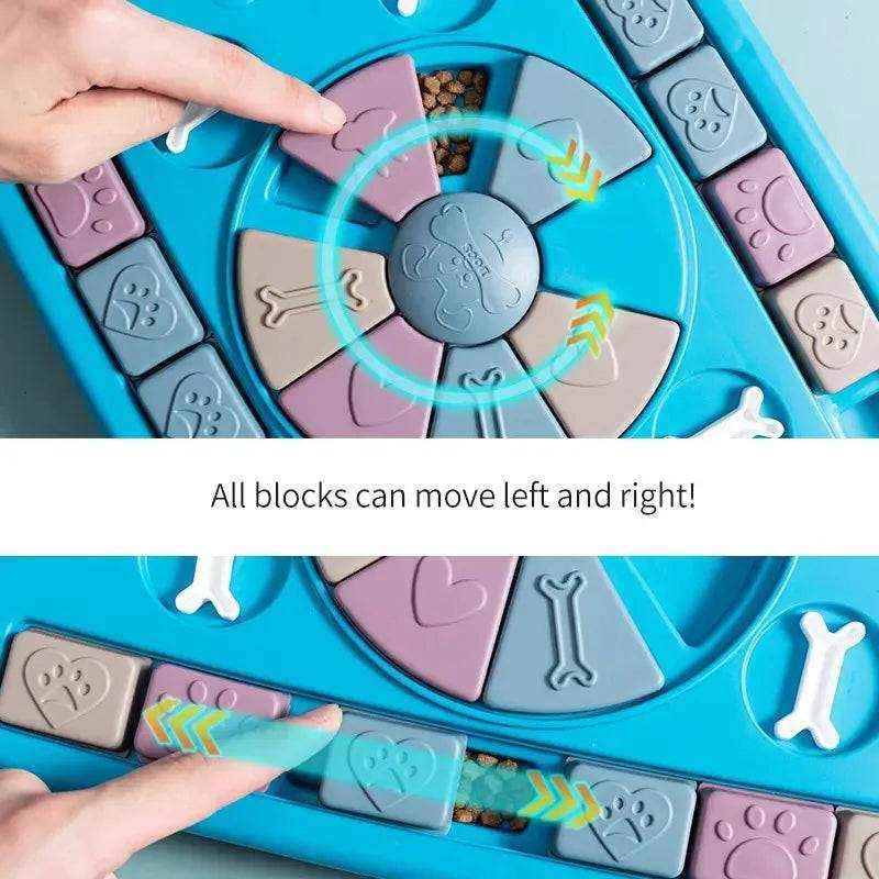 Puzzle interactif pour chien bleu en plastique robuste avec blocs mobiles et compartiments distributeur de nourriture