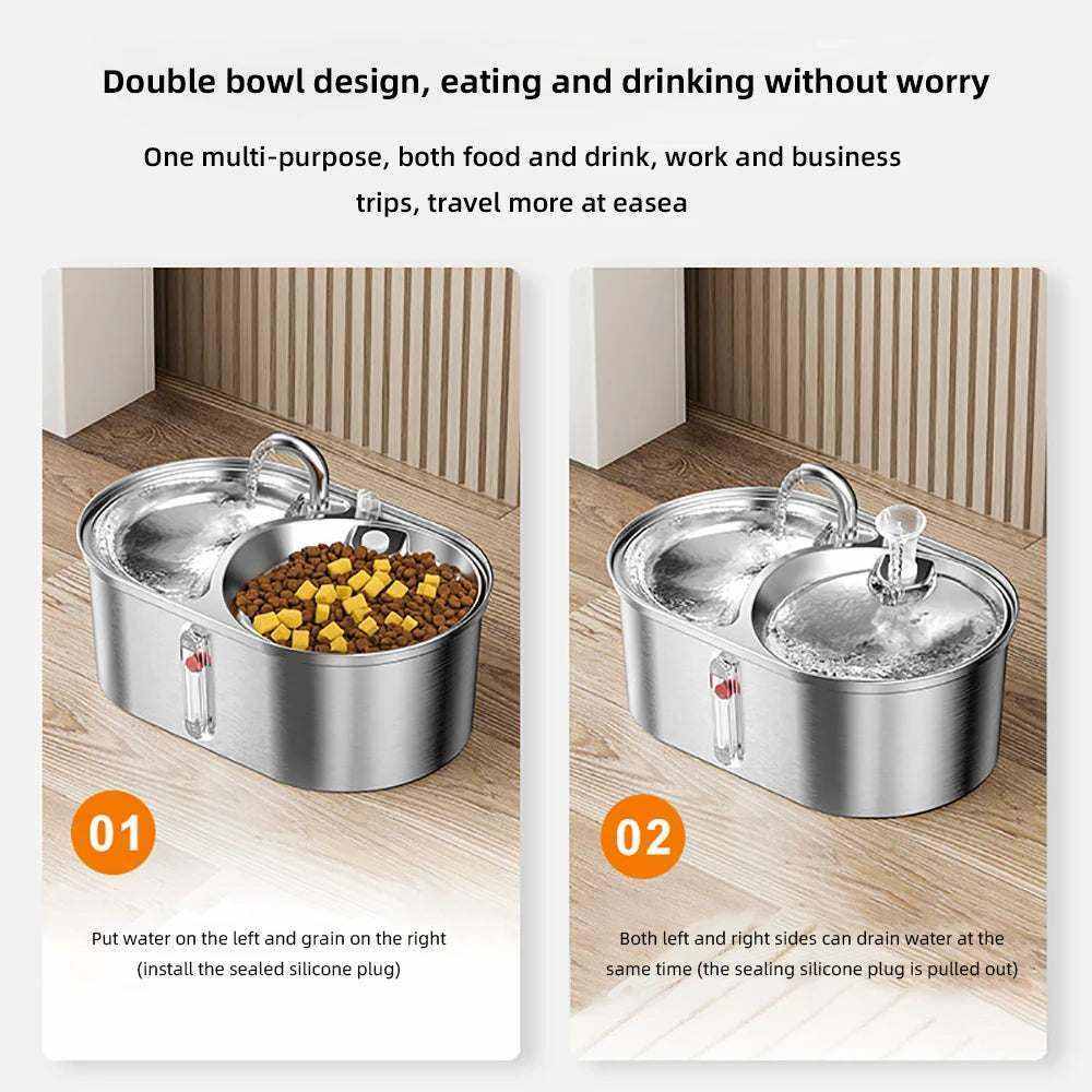 Fontaine à eau et mangeoire double en acier inoxydable pour chat, 3L, design silencieux et pratique pour eau et nourriture.