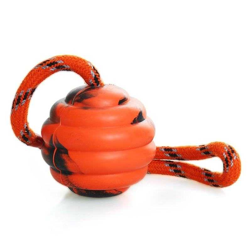 Balle d’exercice orange en caoutchouc naturel avec corde en nylon renforcée pour chien, jouet résistant pour mastication et jeu actif.