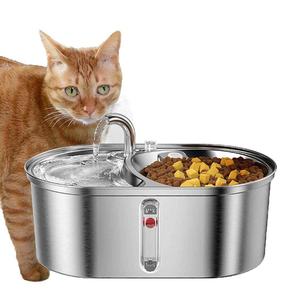 Fontaine à eau pour chat 3L en acier inoxydable avec mangeoire double et pompe silencieuse pour une hydratation et alimentation pratique.