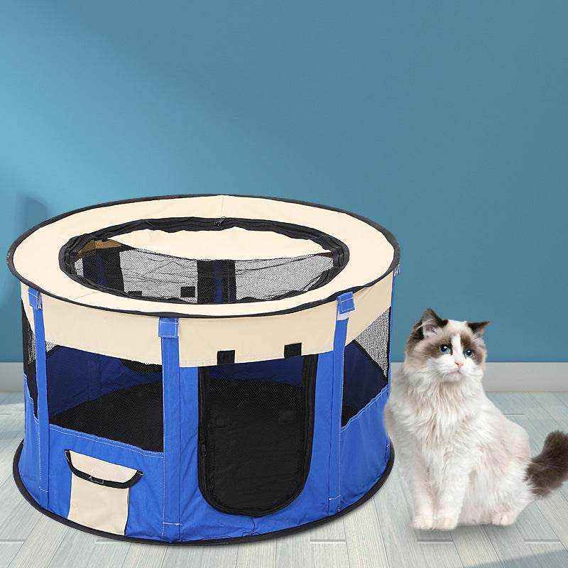 tente pliable octogonale bleue pour animaux avec filet respirant et ouverture zippée, idéale pour chats et chiens, usage intérieur et extérieur