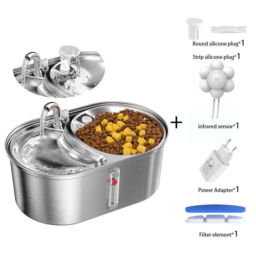 Fontaine à eau pour chat 3L en acier inoxydable avec mangeoire double bols pour nourriture et eau, pompe silencieuse, accessoires inclus.