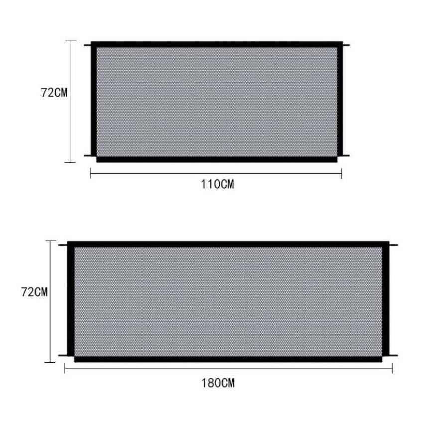 Barrière en maille résistante pour chiens, dimensions 110x72 cm et 180x72 cm, sécurise intérieur et extérieur sans perçage.
