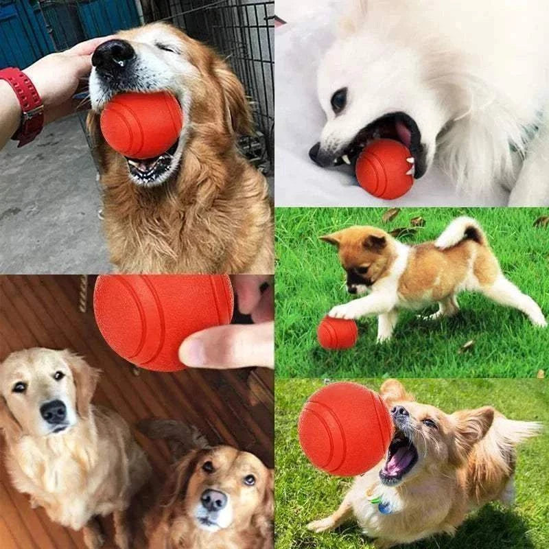 Balle en caoutchouc rouge ultra-résistante pour chiens, jouet interactif et nettoyage dentaire, adaptée à toutes tailles de chiens.