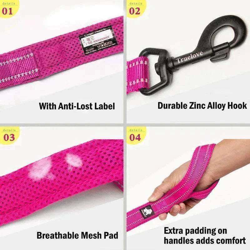 laisse chien Truelove 110 cm rembourrée rose à coutures réfléchissantes 3M avec crochet en alliage de zinc durable et maille respirante