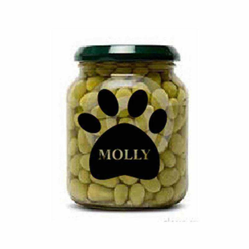 Sticker vinyle patte de chien personnalisé noir avec nom sur pot de friandises pour chiens