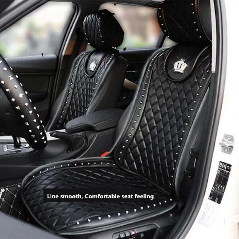 Housse de siège auto en cuir PU noir avec design matelassé et rivets couronne élégants pour intérieur luxueux voiture