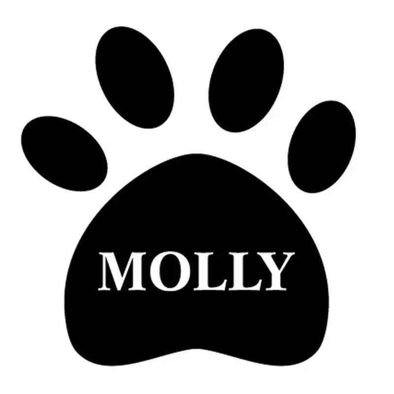 Sticker vinyle personnalisable patte de chien noire avec nom gravé pour contenants animaux.