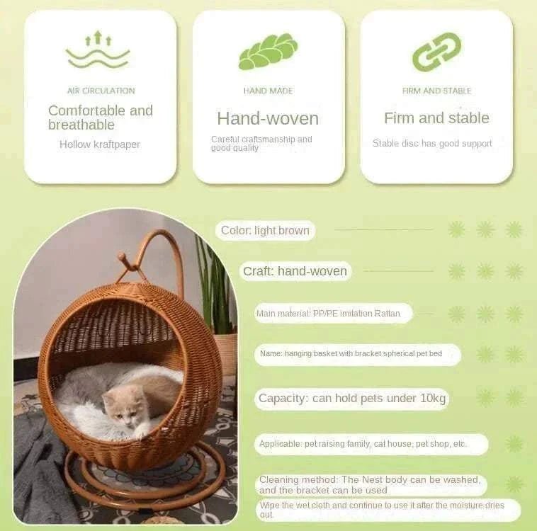 Hamac suspendu - Balançoire en osier fait main pour chats ou petit chien, avec coussin - Entre Chat et Chien