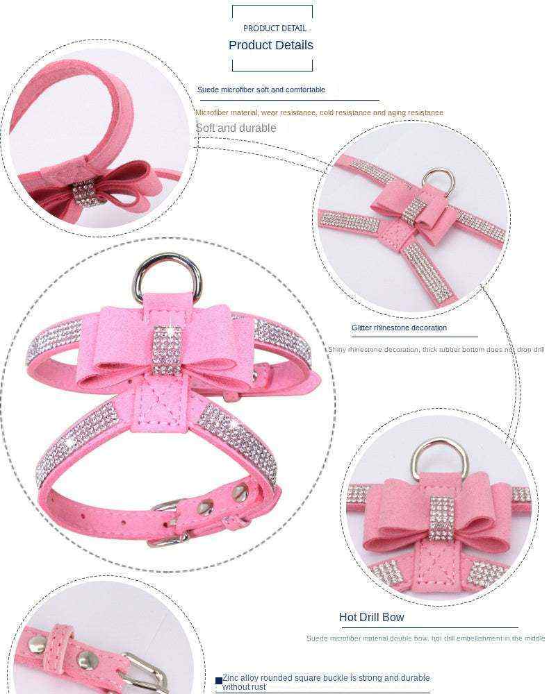 Harnais Chic en Microfibre Suédée avec Nœud et Strass pour Chiens Élégants