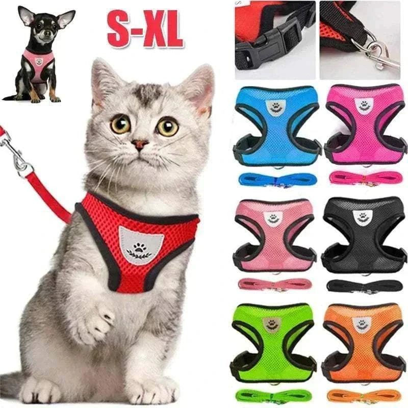 Reflective breathable mesh pet harness and leash set, adjustable and comfortable for dogs and cats, available in multiple colors.