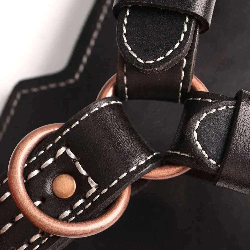 Harnais en cuir véritable noir avec boucles métalliques renforcées pour chiens moyens et grands, idéal pour dressage et promenade.