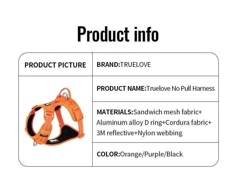 harnais anti-traction pour chien TRUE LOVE en nylon réfléchissant, orange avec boucles en aluminium et tissu Cordura, confortable et réglable avec poignée de contrôle