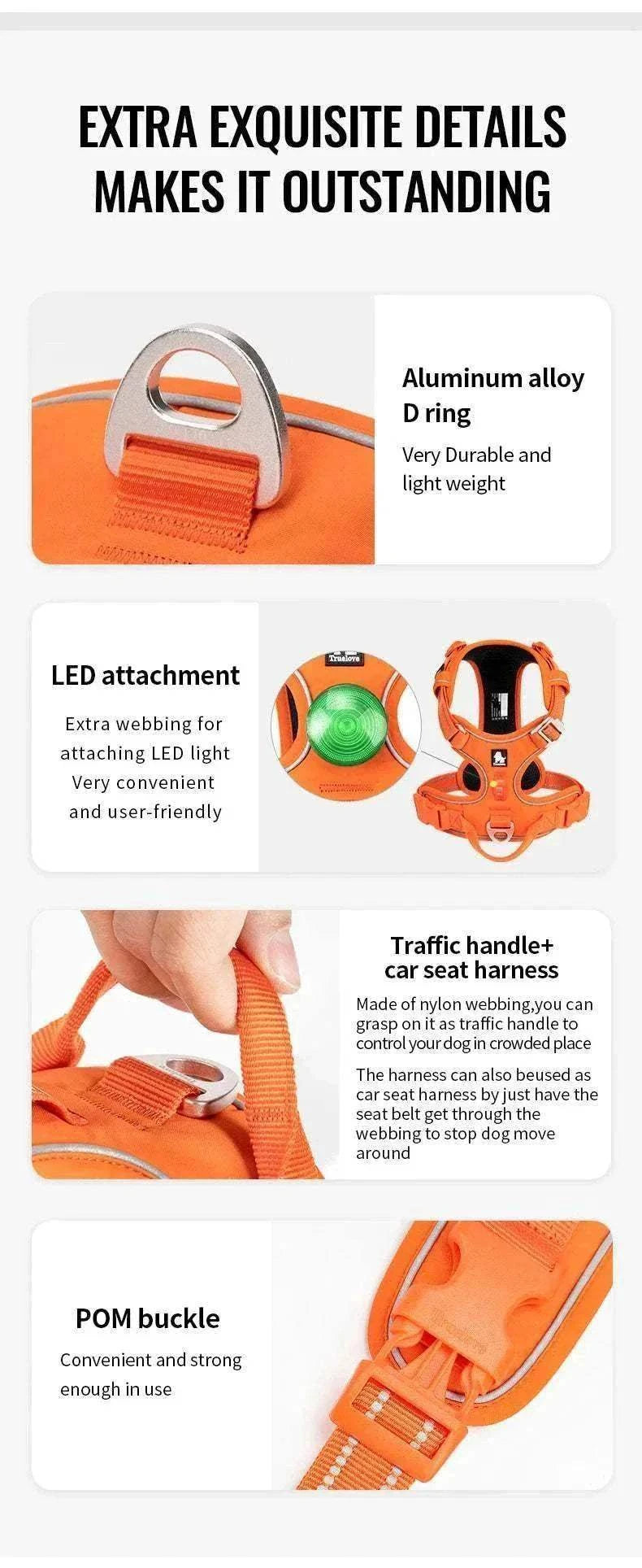 harnais anti-traction pour chien en nylon réfléchissant avec poignée de contrôle en aluminium et système LED intégré, confort optimal et sécurité améliorée pour promenades et voiture